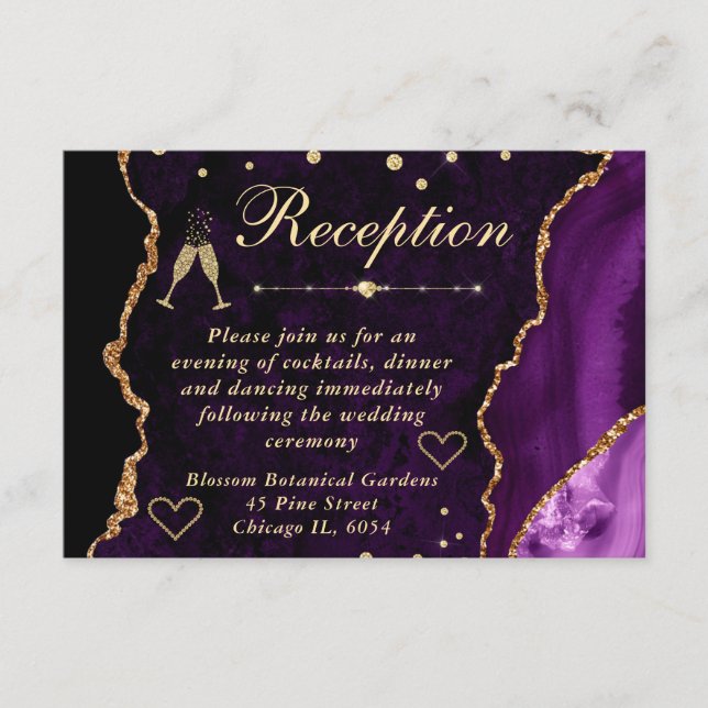 Purple and Gold Faux Glitter Agate Reception Enclosure Card (Front)