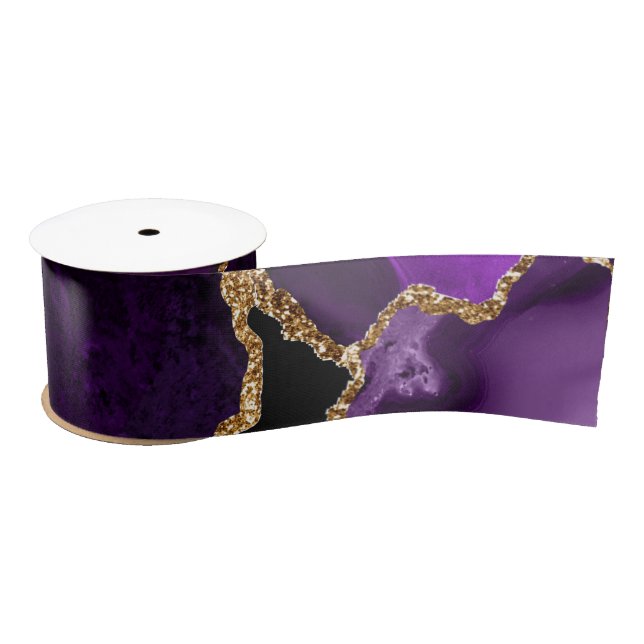 Purple and Gold Faux Glitter Agate Satin Ribbon (Spool)