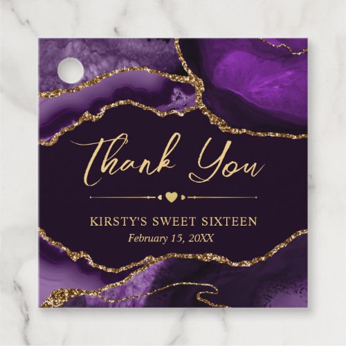 Purple and Gold Faux Glitter Agate Sweet Sixteen Favor Tags
