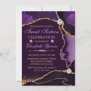 Purple and Gold Faux Glitter Agate Sweet Sixteen Invitation