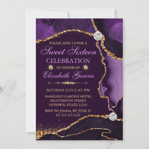 Purple and Gold Faux Glitter Agate Sweet Sixteen Invitation