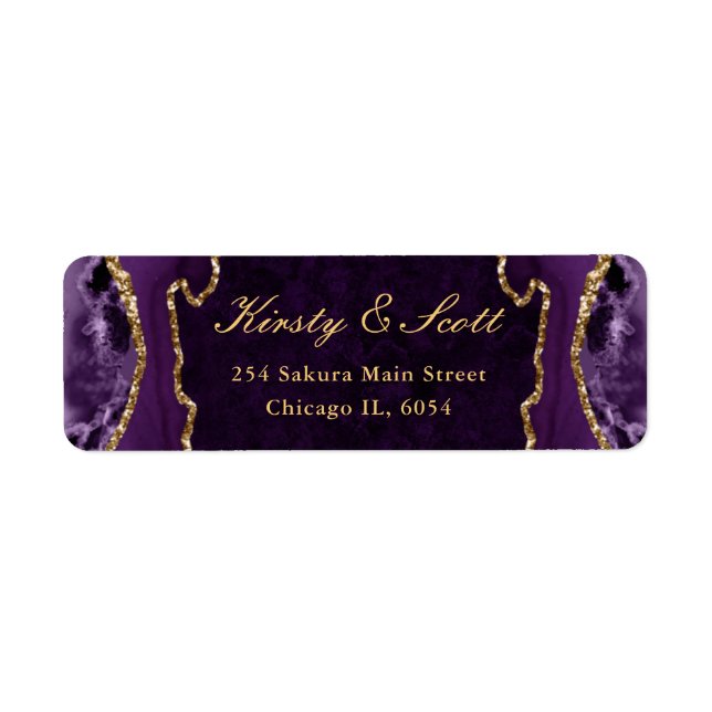 Purple and Gold Faux Glitter Agate Wedding address Label (Front)