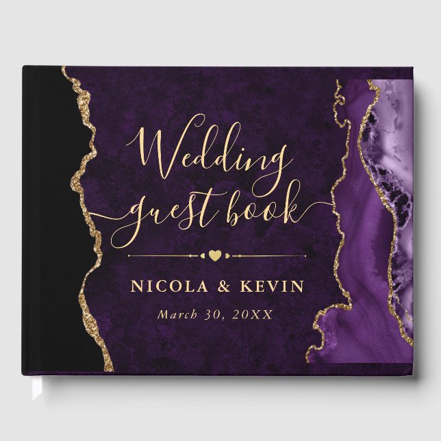 Purple and Gold Faux Glitter Agate Wedding Guest Book (Front)