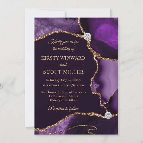 Purple and Gold Faux Glitter Agate Wedding Invitation