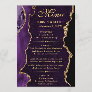 Purple and Gold Faux Glitter Agate Wedding Menu