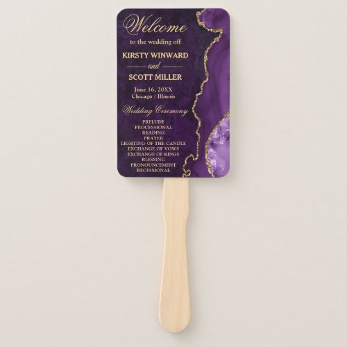 Purple and Gold Faux Glitter Agate Wedding Program Hand Fan