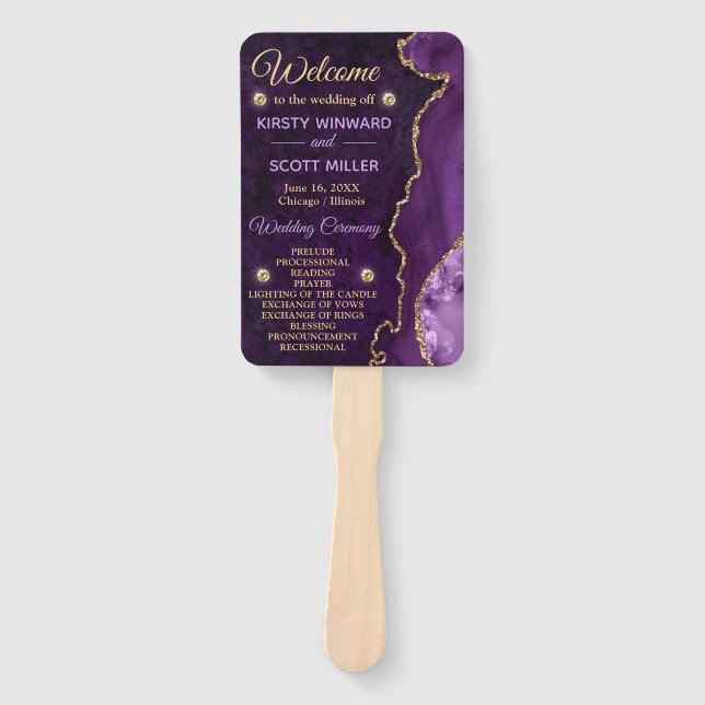 Purple and Gold Faux Glitter Agate Wedding Program Hand Fan (Front)