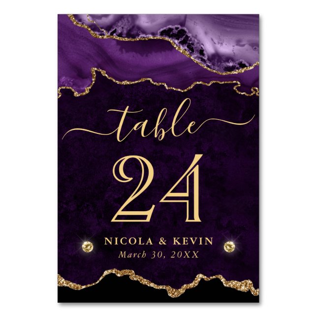 Purple and Gold Faux Glitter Agate Wedding Table Number (Front)