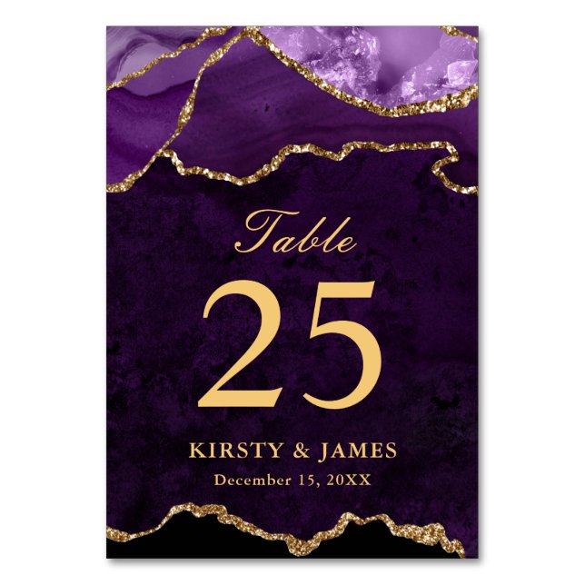 Purple and Gold Faux Glitter Agate Wedding Table Number (Front)