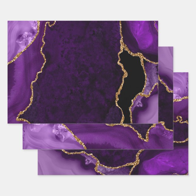 Purple and Gold Faux Glitter Agate Wrapping Paper Sheets (Set)