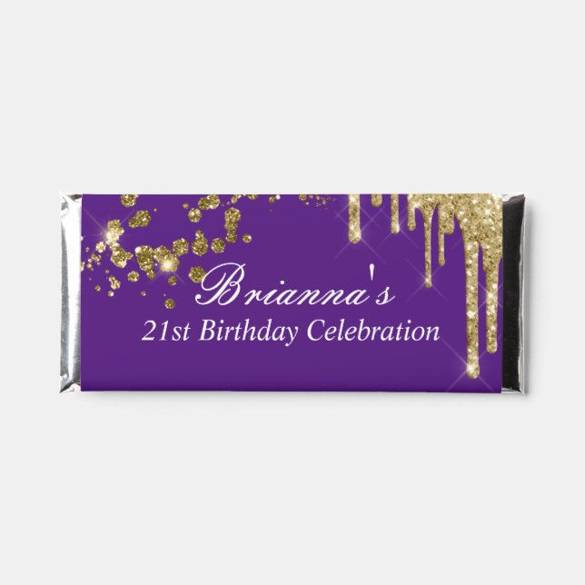 Purple and Gold Faux Glitter Drip Hershey Bar Favors (Front)