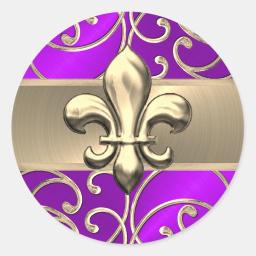 Purple and Gold Filigree Swirls Fleur de Lis Classic Round Sticker