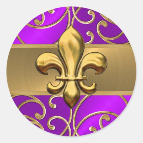 Purple and Gold Filigree Swirls Fleur de Lis Classic Round Sticker