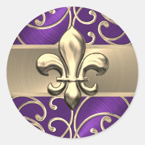 Purple and Gold Filigree Swirls Fleur de Lis Classic Round Sticker