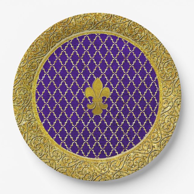 Purple and Gold Fleur-de-lis Any Occasion Paper Plates (Front)