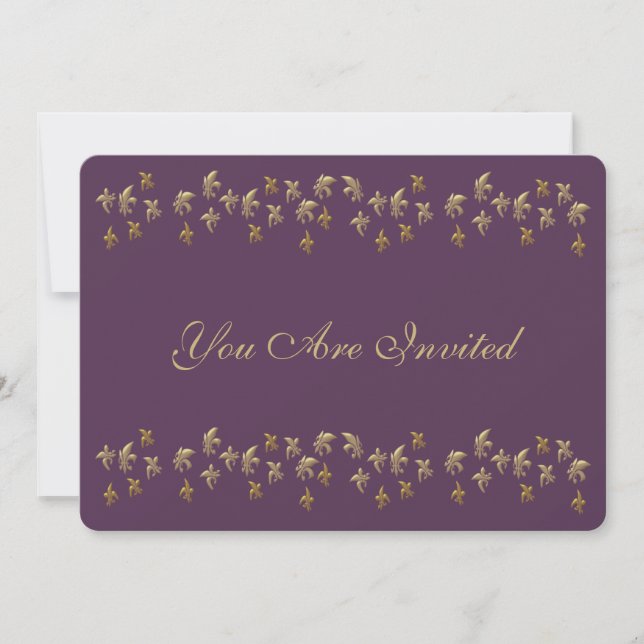Purple and Gold Fleur de Lis Confetti Invitation (Front)