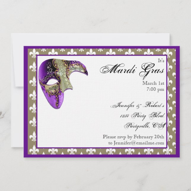 Purple and Gold Fleur de Lis Mask Mardi Gras Party Invitation (Front)