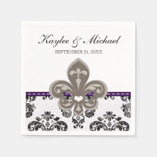 Purple and Gold Fleur de Lis Wedding Paper Napkins