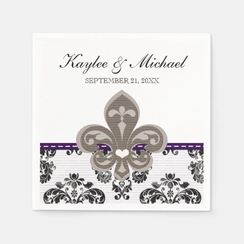 Purple and Gold Fleur de Lis Wedding Paper Napkins