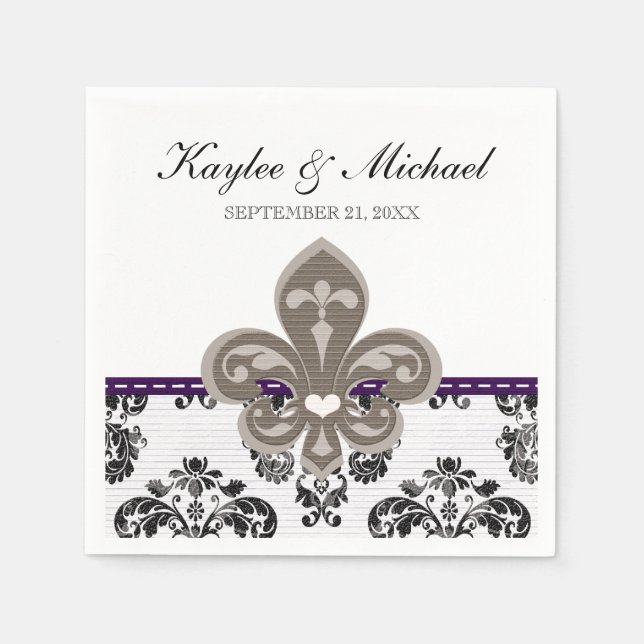 Purple and Gold Fleur de Lis Wedding Paper Napkins (Front)