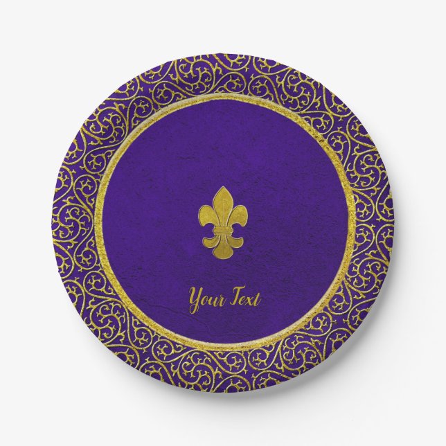Purple and Gold Fleur-de-lis Your Text Paper Plates (Front)