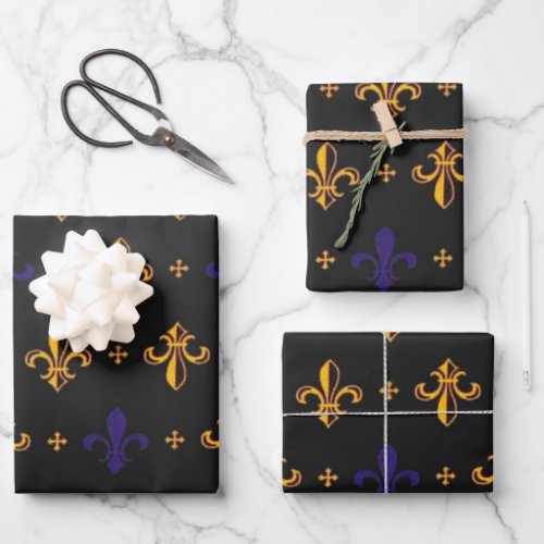 Purple and Gold Fleurs De Lis Wrapping Paper Sheets