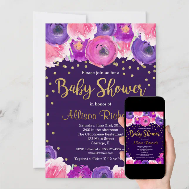 Purple and gold floral baby shower invitation | Zazzle
