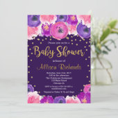 Purple and gold floral baby shower invitation (Standing Front)