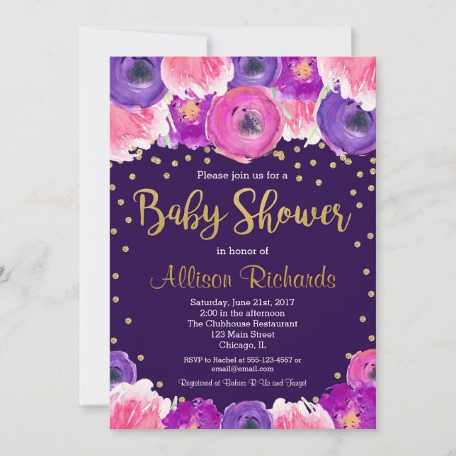 Purple and gold floral baby shower invitation (Front)