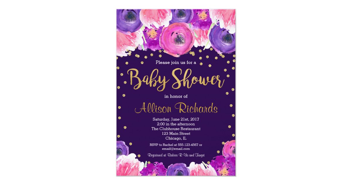 Purple and gold floral baby shower invitation | Zazzle.com