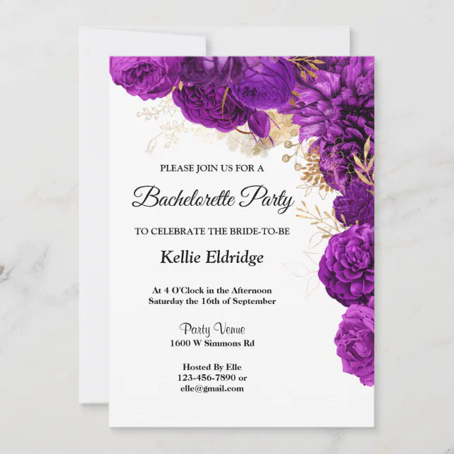 Purple And Gold Floral Bachelorette Party Invitation | Zazzle