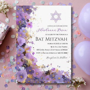 Purple and Gold Floral Bat Mitzvah Invitation