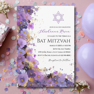 Purple and Gold Floral Bat Mitzvah Invitation