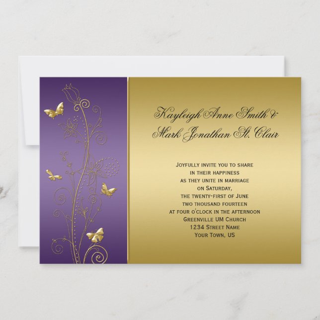 Purple and Gold Floral Butterflies Wedding Invitation (Front)