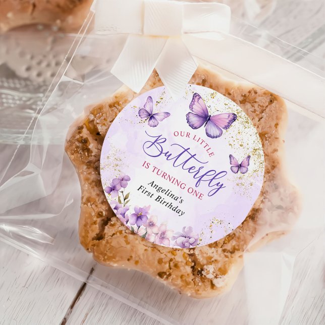 Purple and Gold Floral Butterfly 1st Birthday Classic Round Sticker (Creator Uploaded)