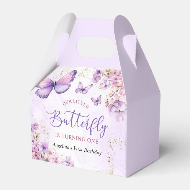 Purple and Gold Floral Butterfly 1st Birthday Favor Boxes (Front Side)