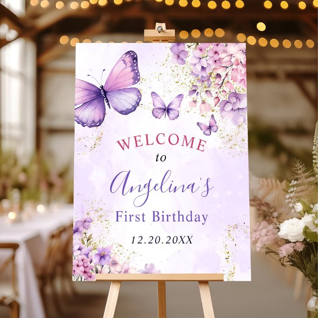 Purple and Gold Floral Butterfly 1st Birthday Foam Board (Creator Uploaded)