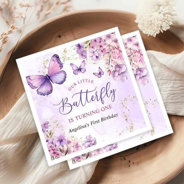 Purple and Gold Floral Butterfly 1st Birthday Napkins (Creator Uploaded)