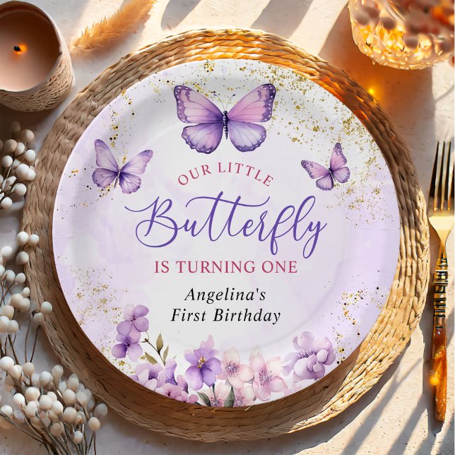 Purple and Gold Floral Butterfly 1st Birthday Paper Plates (Creator Uploaded)