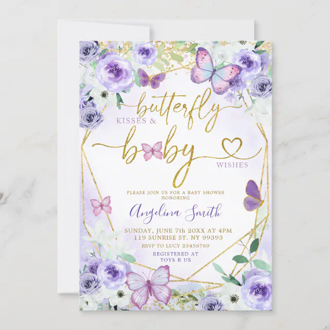 Purple and Gold Floral Butterfly Baby Shower Invitation | Zazzle