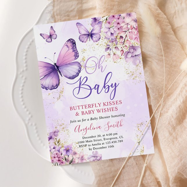 Purple and Gold Floral Butterfly Baby Shower Invitation (Creator Uploaded)