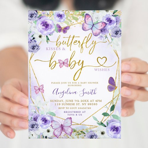 Purple and Gold Floral Butterfly Baby Shower Invitation