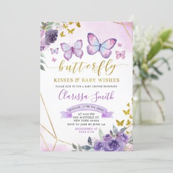 Purple and Gold Floral Butterfly Baby Shower Invitation | Zazzle