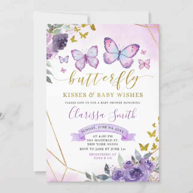 Purple and Gold Floral Butterfly Baby Shower Invitation | Zazzle