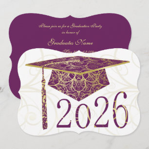 Purple and Gold Floral Cap 2026 Graduation Party Invitation