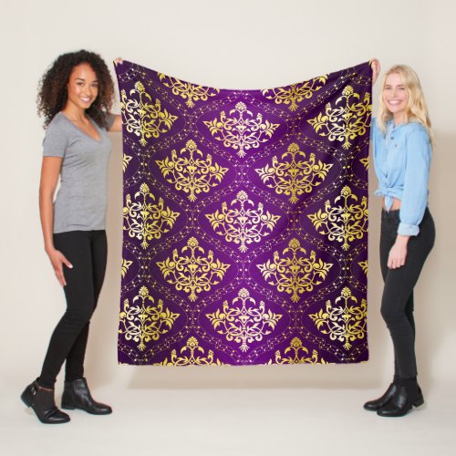 Purple and gold floral damasks pattern fleece blanket