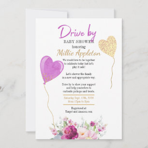 Purple and Gold Floral Drive By Baby Shower Invitation