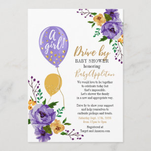 Purple and Gold Floral Drive By Baby Shower Invitation
