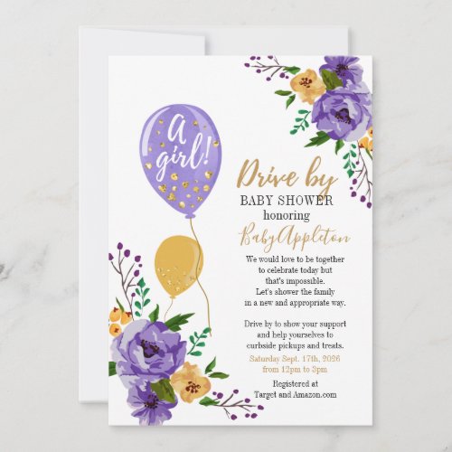 Purple and Gold Floral Drive By Baby Shower Invitation