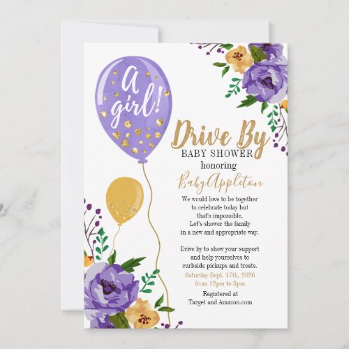 Purple and Gold Floral Drive By Baby Shower Invitation